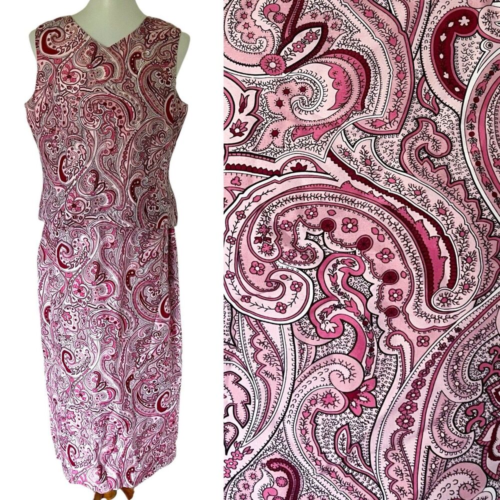 Rena Rowan Vintage 100% Silk Pink Paisley Two-Piece Set Top Blouse Skirt Sz 12